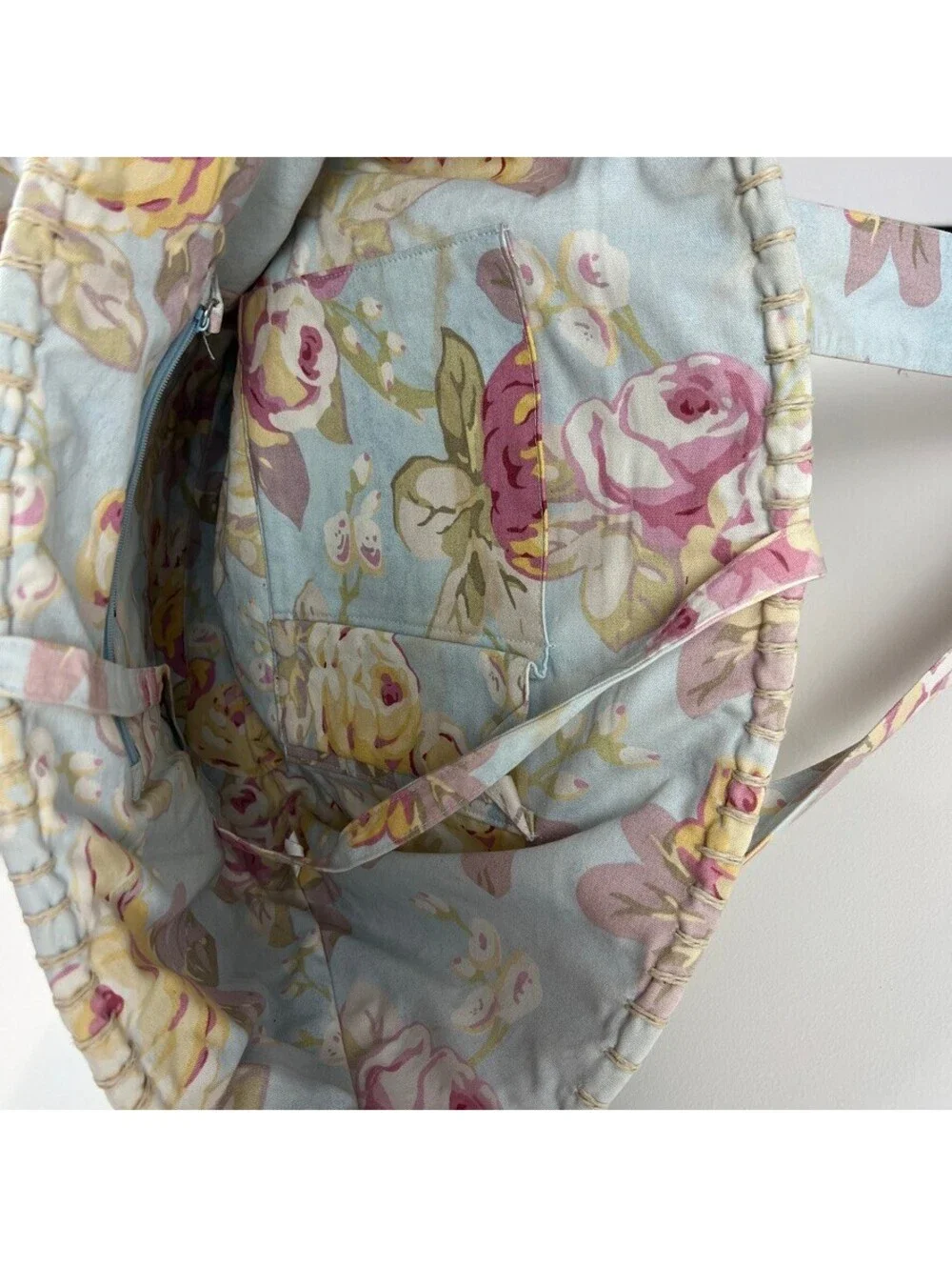 Laura Ashley Floral Lined Straw Tote Beach Bag Large Woven Shopper NWT